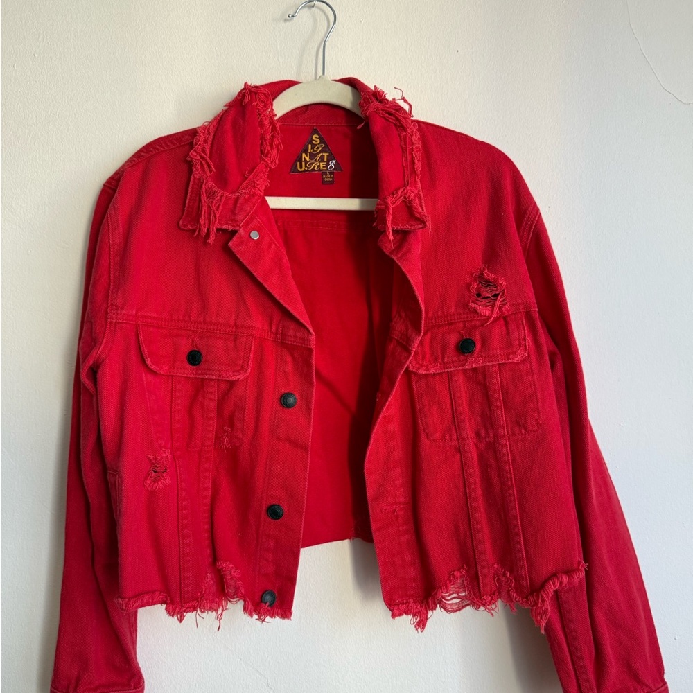 Distressed Red Denim Cropped Jacket